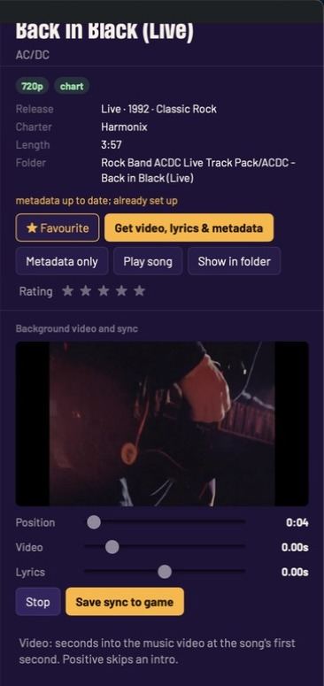 The sync editor in the song panel, previewing a music video with video and lyrics offset sliders